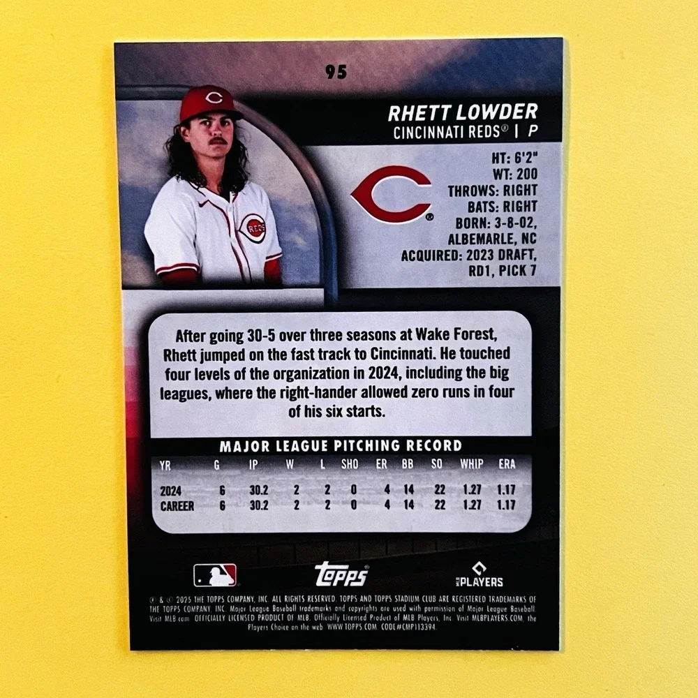 2025 Topps Stadium Club Rhett Lowder RC Rookie #95‎ Cincinnati Reds